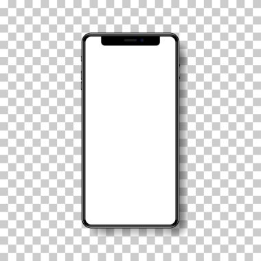 Yüksek kalite gerçekçi, çerçeveli, beyaz ekranlı akıllı telefon yok. Görsel ui uygulaması tanıtımı için model telefon. Vektör mobil set aygıtı kavramı.