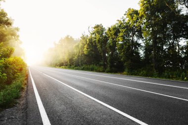 Şehrin dışındaki asfalt yolda ve üzerinde kalın bir sis var.