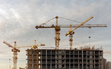St. Petersburg civarındaki inşaat sahasında vinçler.