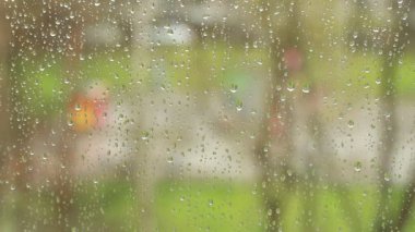 Pencere camından süzülen yağmur damlaları. Dışarıda, yağmur. Ağaç dalları rüzgarda sallanıyor. Bazen insanlar geçer..