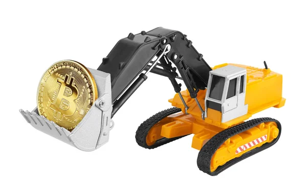 Goldener Bitcoin Einem Bagger Isoliert Auf Weißem Hintergrund — Stockfoto