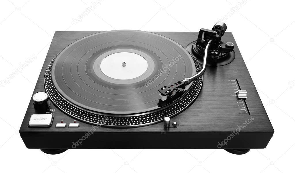 Record player playing vinyl, isolated on white