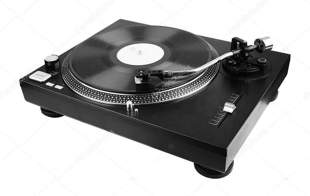 Record player playing vinyl, isolated on white