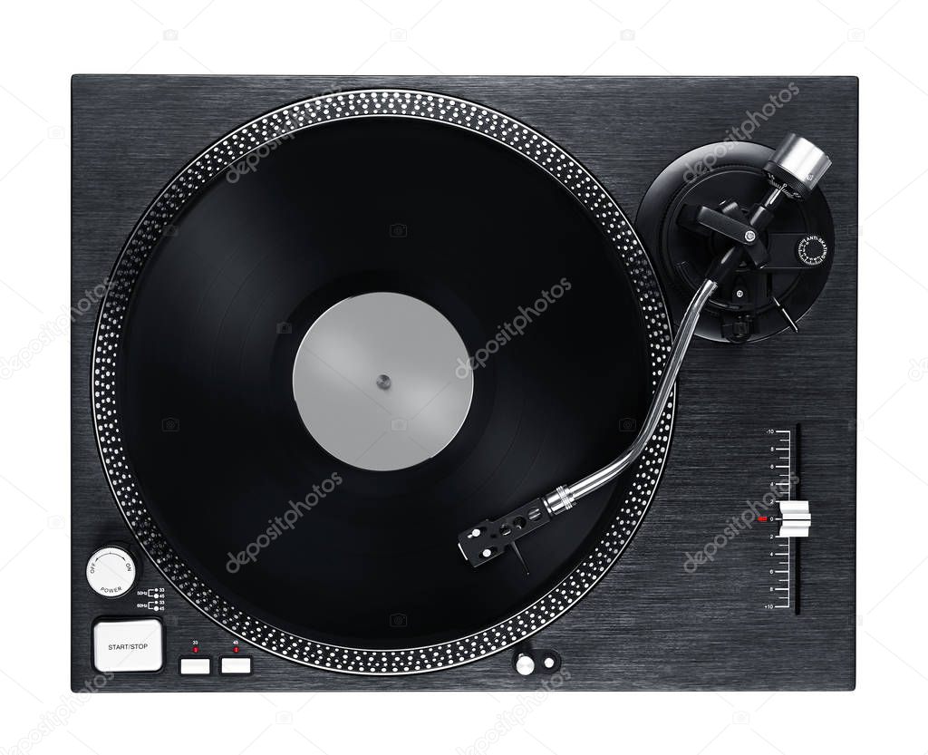 Record player playing vinyl, isolated on white