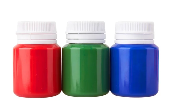 在白色背景上分离的彩色水粉罐和彩色丙烯酸涂料 — 图库照片