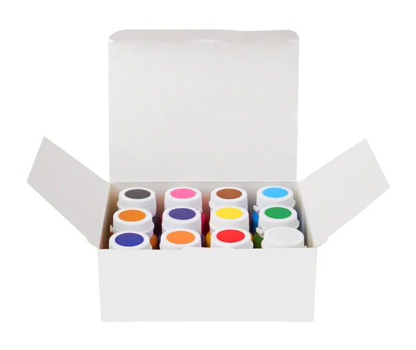 彩色水粉罐和彩色丙烯酸涂料在盒子里 隔离在白色背景 — 图库照片