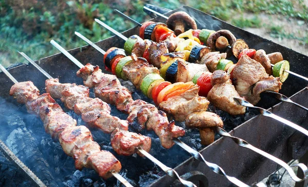 Grilled Kebab Vegetables Cooking Metal Skewer Roasted Meat Cooked Barbecue — Stock Photo, Image