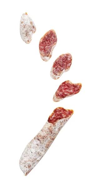 Salami Primer Plano Con Rebanadas Aislado Sobre Fondo Blanco — Foto de Stock