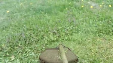 adam motor-düzeltici (çim biçme makinesi) ile çim keser. POV.