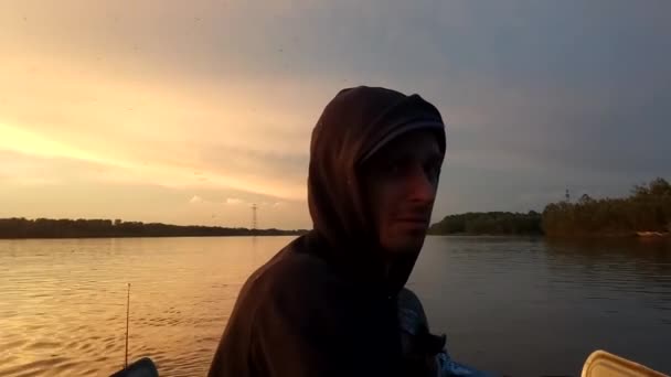 Man Fishing Sunset — Stock Video