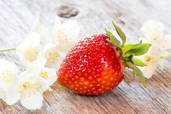 Único Morango Flores Brancas Fundo Madeira — Fotografia de Stock