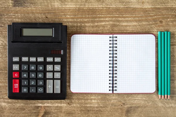 Old Calculator Open Notebook Four Pencils Top View — Stock Photo, Image