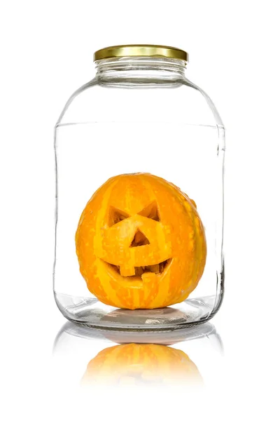 Halloween Pumpkin Glass Jar Isolated White Background — Stock Photo, Image