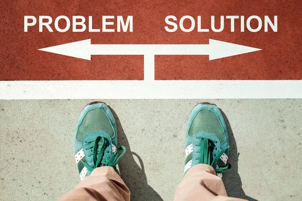 Probléma Vagy Megoldás Koncepció Felülről Álló Lábakkal Táblákon — Stock Fotó