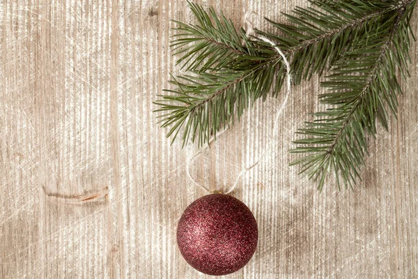 Wooden Background Fir Branch Christmas Bauble Copy Space — Stock Photo, Image