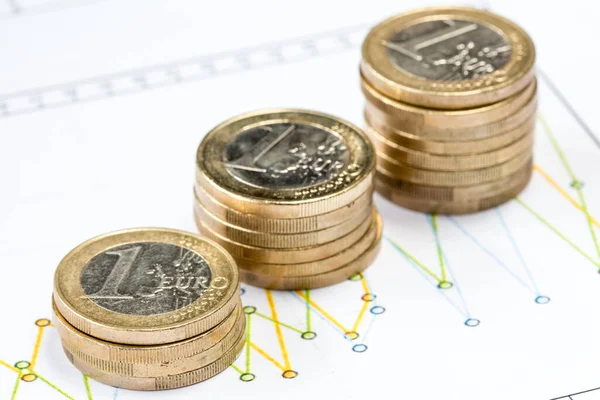 Pila Moneda Euro Diagrama Financiero Impreso Dof Poco Profundo — Foto de Stock