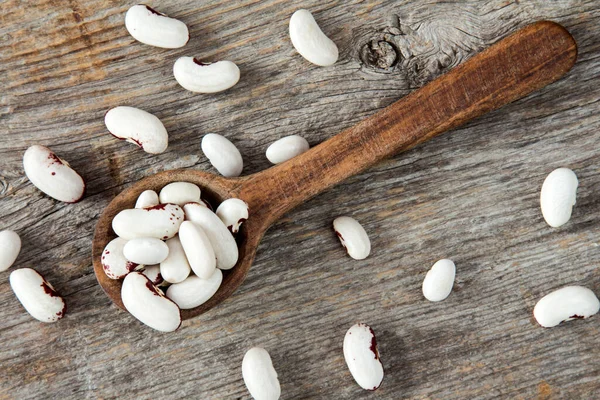 White Beans Spoon Old Wooden Background — Stock Photo, Image