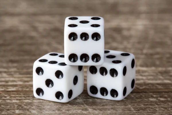 Three Dice Dark Wooden Table Background — Stock Photo, Image