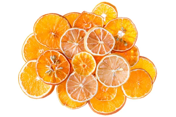 Szárított Narancs Citrom Szeletek Felülről Fehér Alapon Izolálva — Stock Fotó