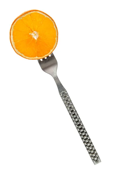 Fatia Fruta Laranja Garfo Isolada Fundo Branco — Fotografia de Stock