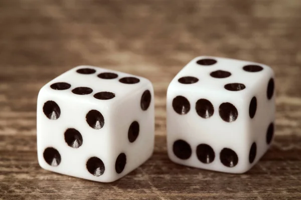 Two Dice Dark Wooden Table Background Gambling Concept — Stock Photo, Image