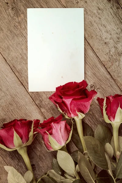 Quatro Rosas Vermelhas Cartão Branco Para Espaço Cópia — Fotografia de Stock