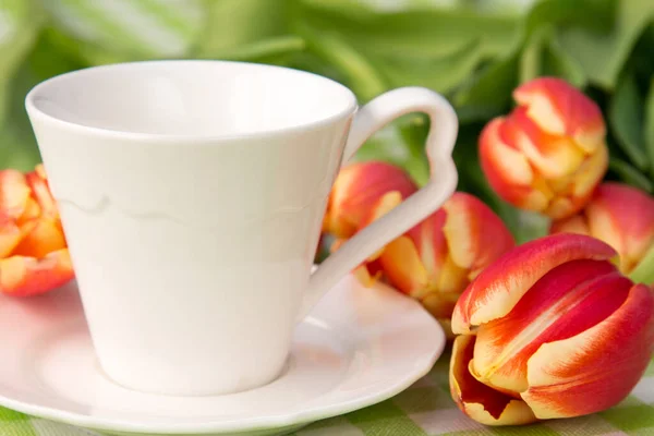Fehér Kávéscsésze Egy Csomó Tavaszi Tulipán — Stock Fotó
