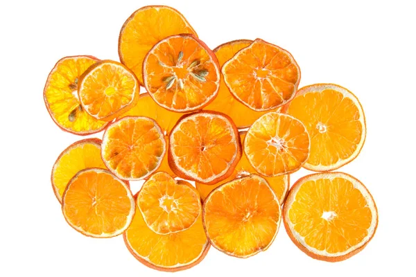 Αποξηραμένες Φέτες Πορτοκαλιού Από Πάνω Απομονωμένες Λευκό Φόντο — Φωτογραφία Αρχείου