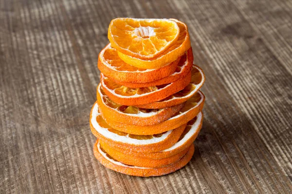 Empiler Partir Tranches Fruits Orange Sur Fond Bois — Photo