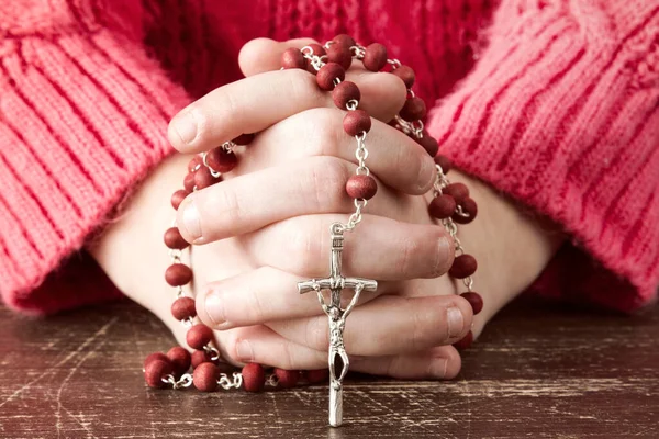 Hands Young Christian Child Holding Rosary Cross — Stock Photo, Image