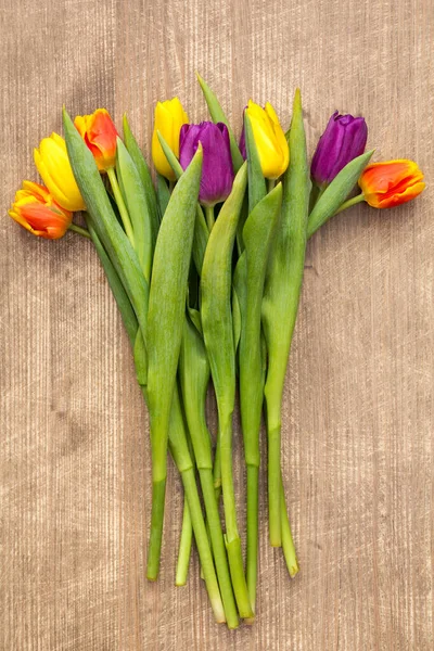 Bouquet Tulips Wooden Background Mother Day Background Top View — Stock Photo, Image