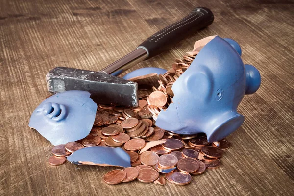 Broken Piggy Bank Hammer Money — Stock Photo, Image