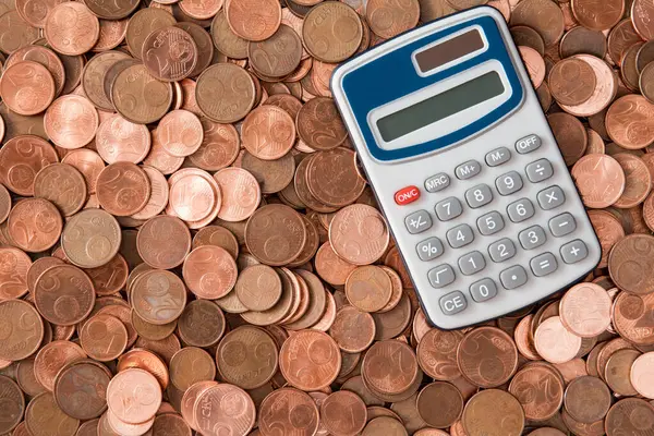 Calculator Heap Euro Cent Coins Different Denominations — Stock Photo, Image