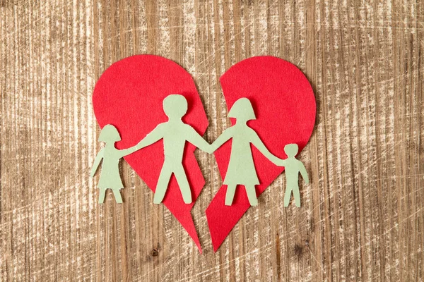 Paper Family Broken Heart Wooden Table Divorce Concept — Stock Photo, Image