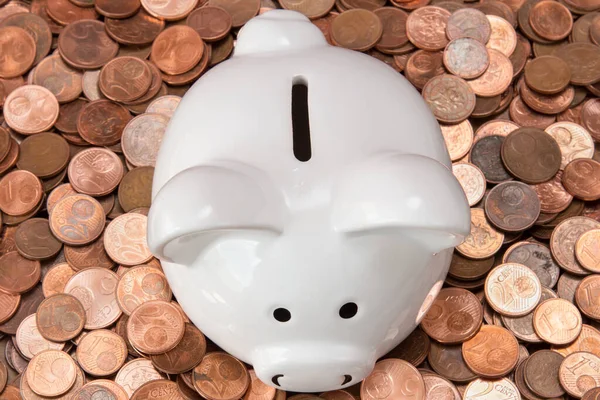 White Piggy Bank Pile Copper Coins Euro Cents Top View — Stock Photo, Image