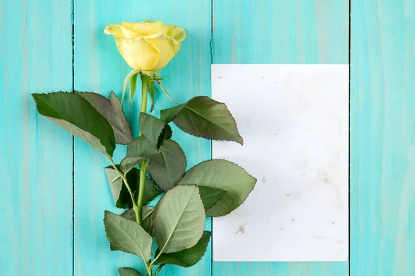 Gelbe Rose Und Leere Karte Auf Blauem Holzhintergrund — Stockfoto