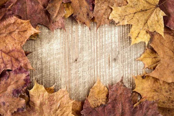 Autumn Leaves Frame Copy Space Wooden Background — Stock Photo, Image