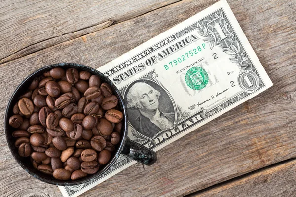 Cup Coffee Beans Dollar Banknote Represent High Low Price Coffee — Stock Photo, Image