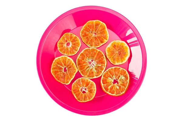 Assiette Avec Tranches Orange Séchées Isolée Sur Fond Blanc — Photo