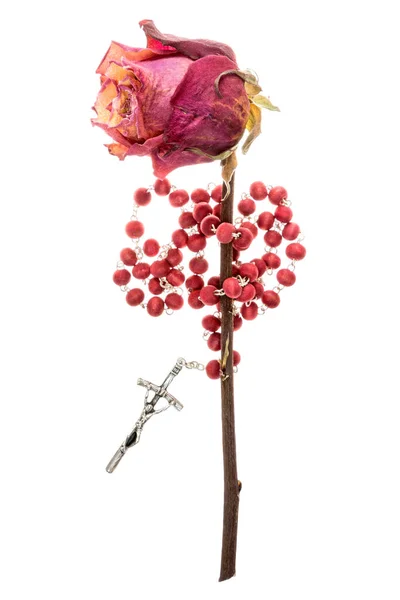 Katholischer Rosenkranz Und Trockene Rose Isoliert Auf Weißem Hintergrund — Stockfoto