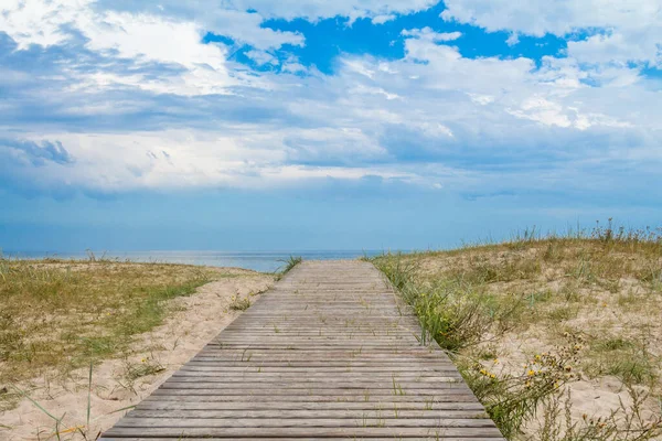 Chemin Bois Sur Les Dunes Sable Avec Vue Sur Mer — Photo