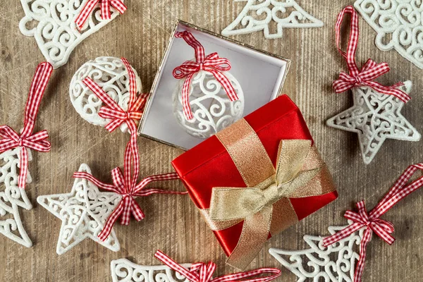 Giftbox Christmas Decorations Wooden Table — Stock Photo, Image