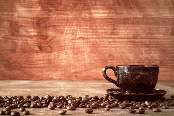 Koffiekop Koffiebonen Oude Houten Achtergrond — Stockfoto