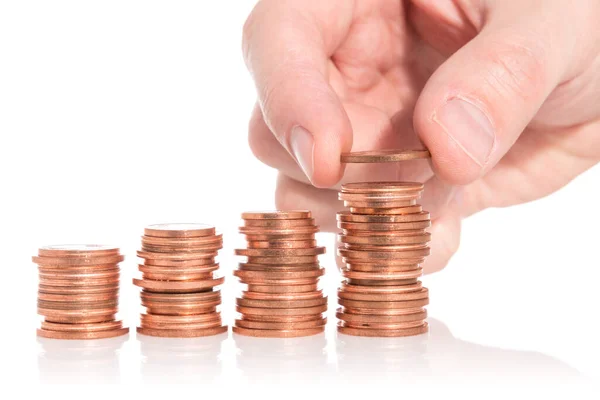 Hand Put Coin Money Staircase Isolated White Background — Stock Photo, Image