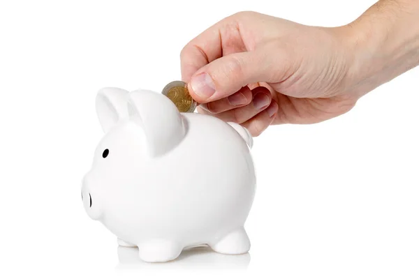 Hand Putting Coin Piggy Bank Isolated White Background — Stock Photo, Image