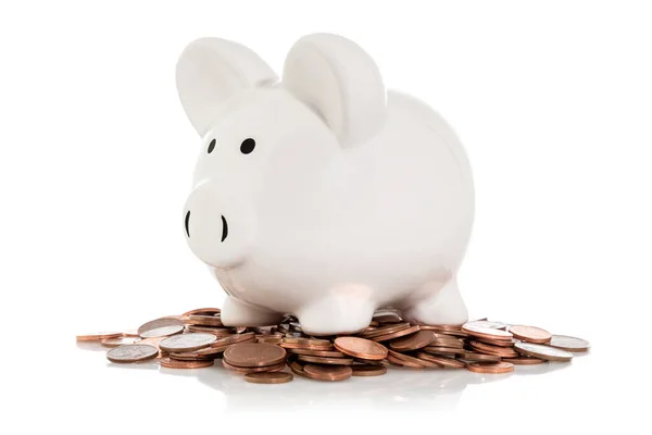 Piggy Bank Sitting Pile Coins Saving Money Concept — Stock Photo, Image