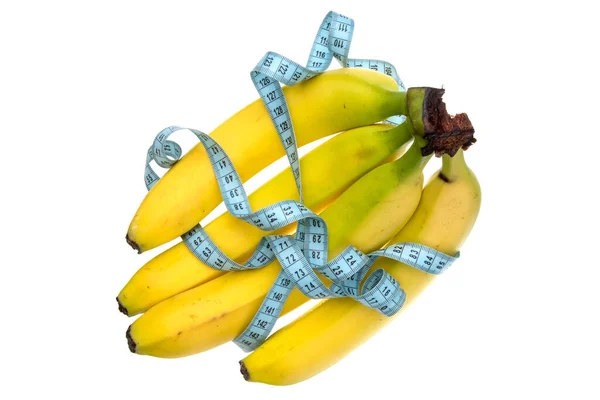 Bananenbündel Und Maßband Isoliert Auf Weißem Hintergrund Gesunde Ernährung — Stockfoto