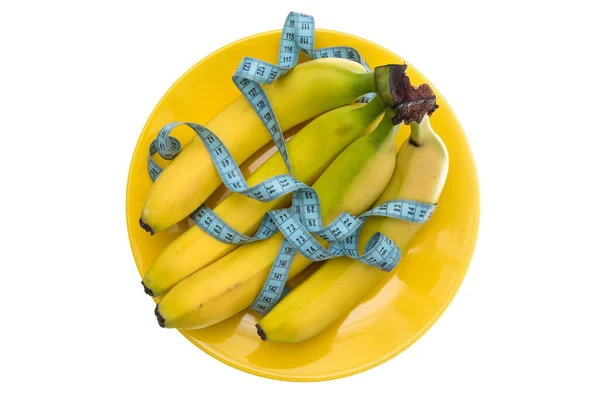 Ένα Μάτσο Φρούτα Μπανάνας Και Μεζούρα Στο Πιάτο Υγιεινή Έννοια — Φωτογραφία Αρχείου