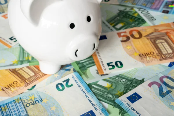 Sparschwein Mit Euro Banknoten Auf Holzgrund Finanzielle Erfolgsstrategie — Stockfoto