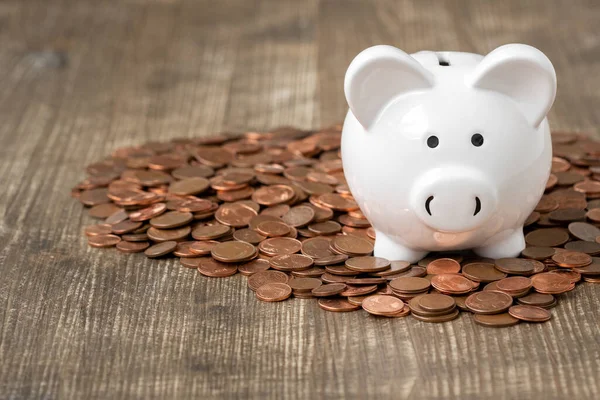 Piggy Bank Sitting Pile Coins Savings Concept — Stock Photo, Image